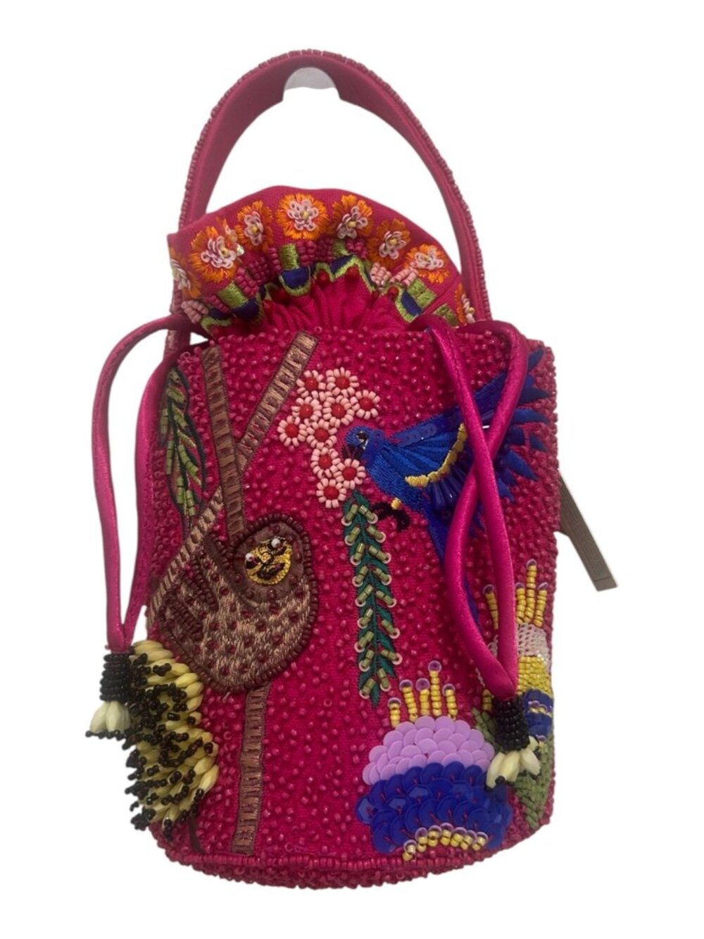Bird Monkey Palm Tree Jungle Beaded Sequin Bucket Handbag Handcrafted in India